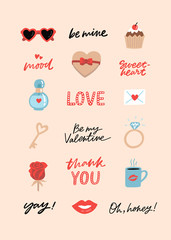 Valentine's Day sticker pack. Cute hand drawn set with love elements, lettering phrases and words. Template for greeting cards, posters, banners, scrapbooking, congratulations, invitations, planners.