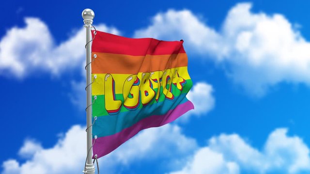 LGBTq+ flag waving at wind. Blue sky background. loop 3d animation
