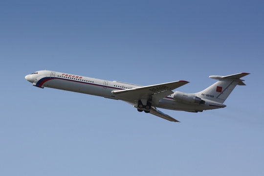 PRAGUE, CZECH REPUBLIC - APRIL 8: GTK Rossia Ilyushin IL-62 takes off PRG airport on April 8. 2010 in Prague. This plane is a spare plane of Russia president during his visits