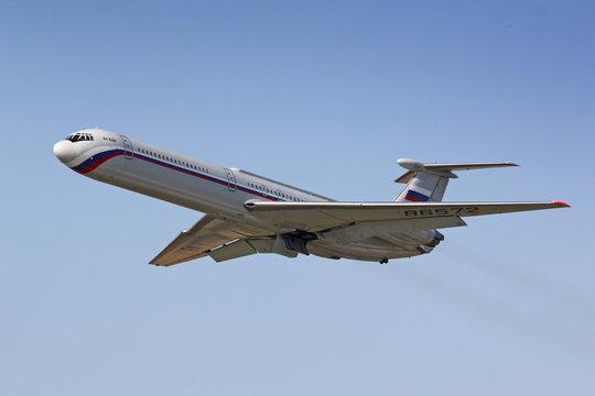 PRAGUE, CZECH REPUBLIC - APRIL 8: GTK Rossia Ilyushin IL-62 takes off PRG airport on April 8. 2010 in Prague. Russian Minister of defense is leaving Prague after after sign of agreement 'START'