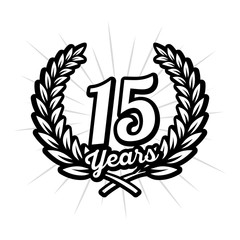 15 years anniversary celebration with laurel wreath. 15th logo. Vector and illustration.