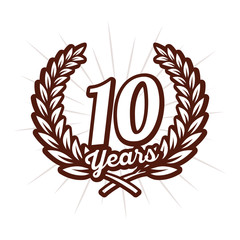 10 years anniversary celebration with laurel wreath. 10th logo. Vector and illustration.