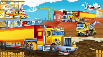 Fototapeta na wymiar cartoon scene with industry cars on construction site and flying helicopter - illustration for children