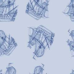 pattern seamless print textile sailing ship sails mast sea waves watercolor sketch hand-drawn