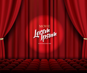 Theater stage vector template illustration with red heavy curtain and seats.