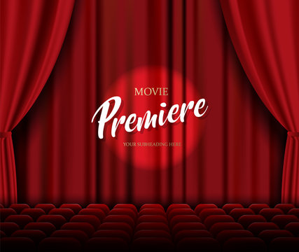 Theater stage vector template illustration with red heavy curtain and seats.