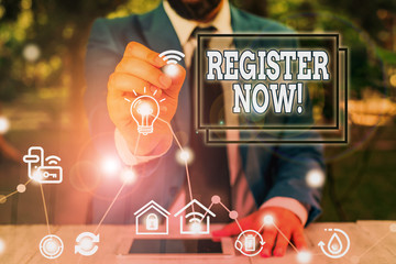 Word writing text Register Now. Business photo showcasing official list or record showing or things...