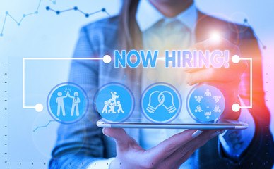 Writing note showing Now Hiring. Business concept for finding evaluating working relationship with...