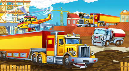 Obraz na płótnie Canvas cartoon scene with industry cars on construction site and flying helicopter - illustration for children