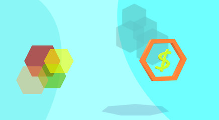 The United States, U.S., or American dollar symbol. 3d illustration, currency USD. Abstract graphic with warm, isolated hexagons on bluish green background. Symbol inside the polygon.