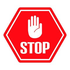 Stop Sign, white color hand on red city road sign.