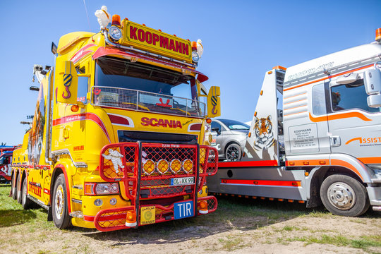 DELMENHORST / GERMANY - MAY 6, 2018: Scania heavy tow truck from pickup service Koopmann stands on an open day.
