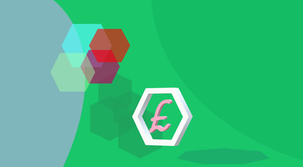 British sterling pound symbol. 3d illustration, currency GBP. Abstract graphic with warm, isolated hexagons on green background. Pink symbol inside the polygon, with reference to business and economy.