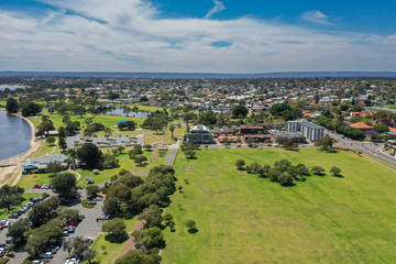 Aerial view of houses and a lake from Sir James Mitchell Park in Perth Western Australia