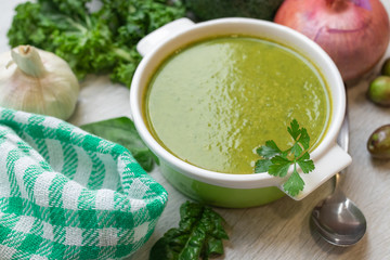 top view of vegetable broth dish, mash or cream