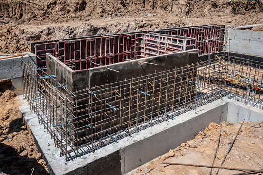 Wall formwork boards on foundations.
