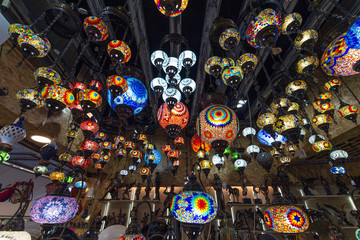 Bright, colorful lamps in greek national style