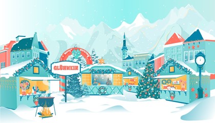 Fototapeta na wymiar Cartoon Christmas Fair on Town Square in Winter