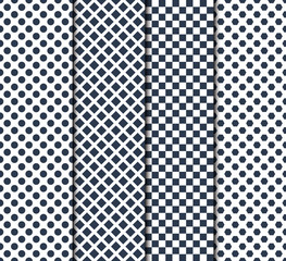 Set of four vector seamless patterns with circle, lines, squares and octagons, simple vector illustration