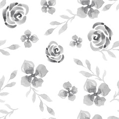 pattern seamless hand-drawn watercolor print textile paper drawing for fabric flowers roses peonies separately white background black white gray color stylization ornament
