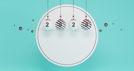 3D rendering of New Year concept.Set of white Christmas balls and 2020 number for changing the year on empty circle background. Abstract minimal concept, luxury minimalist mockup