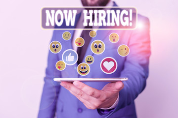 Text sign showing Now Hiring. Business photo text finding evaluating working relationship with future employees