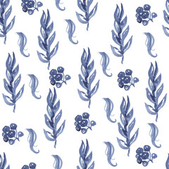 pattern seamless blue spikelets flowers berries watercolor hand-drawn