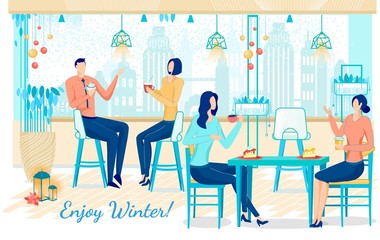Winter Banner. Chatting with Friend in Cozy Café