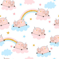 Seamless vector cute pig unicorn pattern. Baby print.