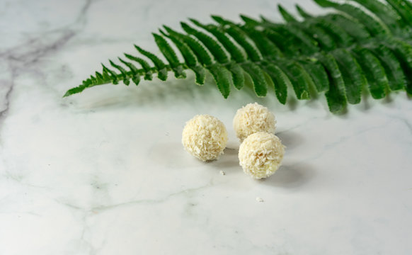 Bio healthy natural coco balls dessert with leaf and marbel background .