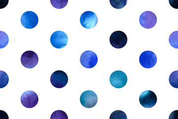 Seamless pattern with polka dot. Blue and purple watercolor circles. 