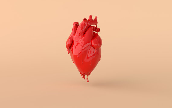 Realistic human heart organ with arteries and aorta 3d rendering. Happy Valentines Day greeting card. Romantic background. Red melted heart