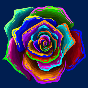 The Rose. Abstract, multi-colored, neon image of a rose flower on a dark blue background in pop art style.