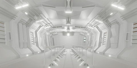 Obraz premium Futuristic sci-fi white corridor room. Modern Future background style, interior concept. 3d rendering