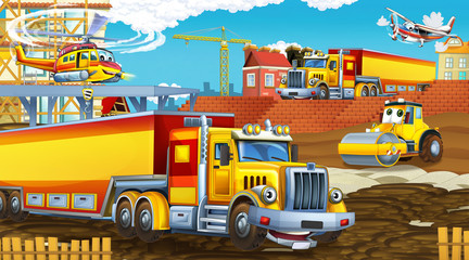 Fototapeta na wymiar cartoon scene with industry cars on construction site and flying helicopter - illustration for children