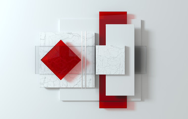 Simple geometric shapes, flat lay scene 3d render abstract business background. White and red colors