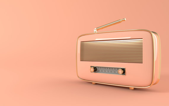 Vintage style radio receiver on pink background. Pastel colors and golden details. Retro radio realistic 3d render