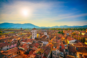 Lucca panoramic aerial view of city and San Michele Cathedral. Tuscany, Italy - obrazy, fototapety, plakaty