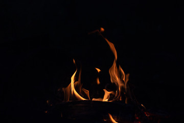 Fototapeta premium small tongues of bright yellow flame from the fire tend upward