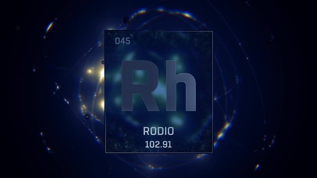 Rhodium as Element 45 of the Periodic Table. Seamlessly looping 3D animation on blue illuminated atom design background with orbiting electrons. Name, atomic weight, element number in Spanish language