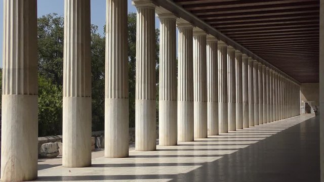 Stoa of Attalos in Athens, Greece. Impressive building in Ancient Agora archeological site. Great perspective from columns
