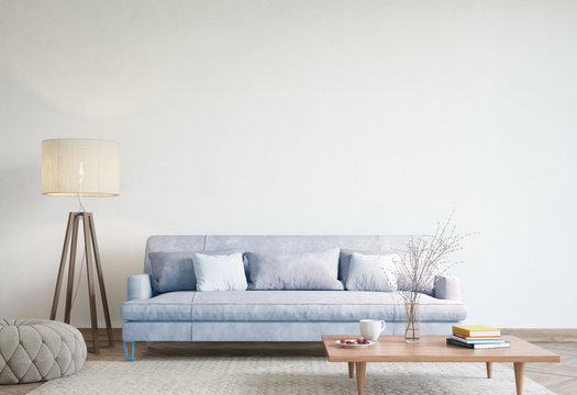 Mock up modern interior blue sofa in modern living room, empty wall, 3D render