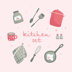 Pink kitchen set in red and gray colors. kitchen utensil: pot, pan with egg, tea mug, towel, cezve. vector illustration