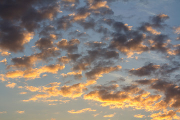 Sunset sky covered with orange puffy clouds in the evening.
