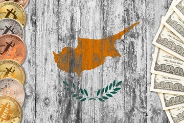 Cyprus savings concept. Bitcoins and dollar banknotes on the side of national flag with wooden background. Trading currencies.