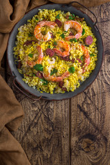 Paella with shrimps and chorizo