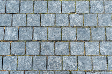 Texture of gray square road granite tiles. Stone background. Modern paving slabs. Motley pattern.
