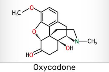 Fototapeta premium Oxycodone molecule. It is semisynthetic opioid medication used for treatment of pain. Skeletal chemical formula