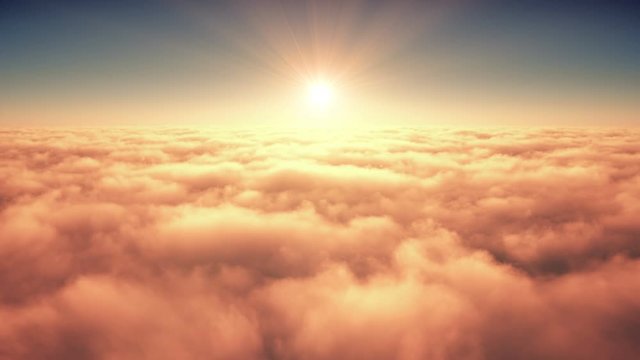 Flight Above The Clouds In The Rays Of Rising Sun. 4K. Ultra High Definition. 3840x2160. 3D Animation.