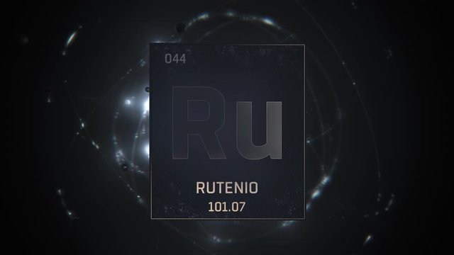 Ruthenium as Element 44 of the Periodic Table. Seamlessly looping 3D animation on silver illuminated atom design background with orbiting electrons. Name, atomic weight, element number in Spanish lang